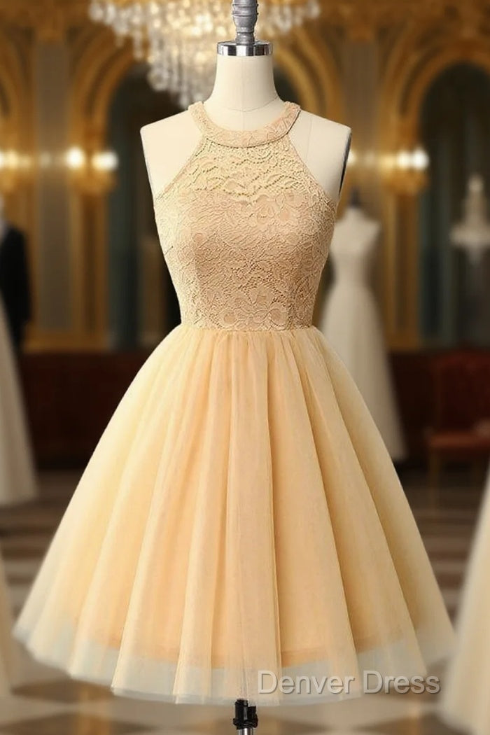 Halter Lace Champagne Homecoming Dresses Main image