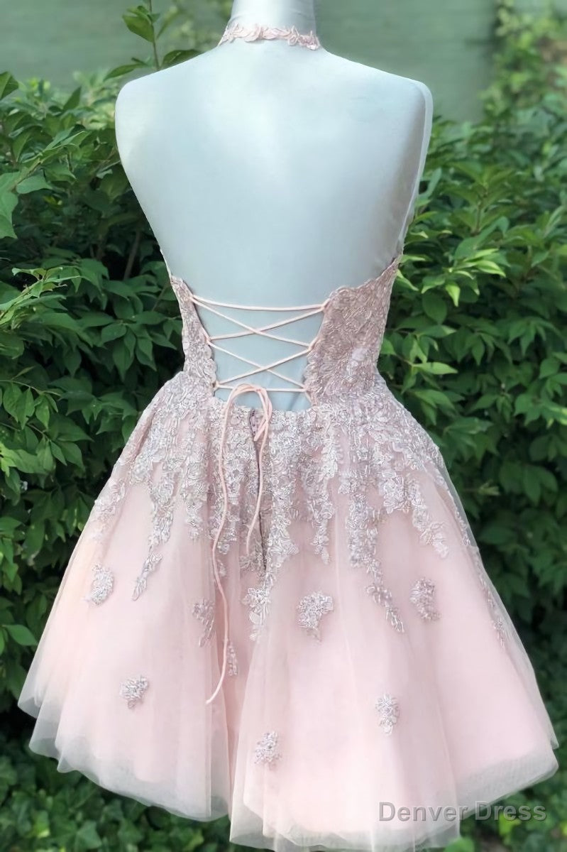 Halter Lace-Up Back Short Pink Lace Homecoming Dress Cocktail Secondary image