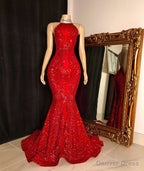 Halter Lace up Sequins Floor Length Red Mermaid Prom Dresses
