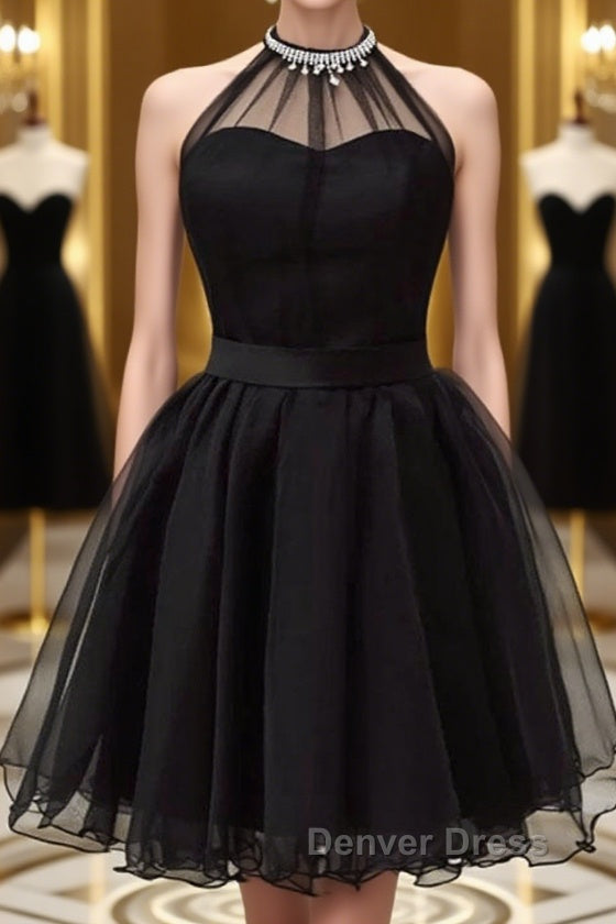Halter Neck Backless Black Short Prom Dresses, Open Back Black Homecoming Dresses Main image