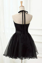 Halter Neck Backless Black Short Prom Dress, Open Back Black Homecoming Dresses