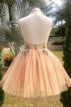 Halter Neck Backless Champagne 3D Floral Short Prom Dresses, Backless Champagne Formal Graduation Homecoming Dresses