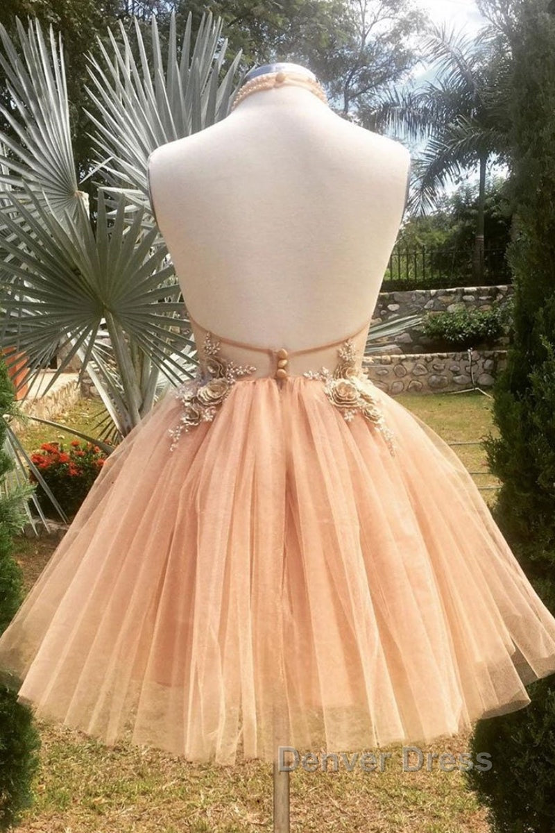 Halter Neck Backless Champagne 3D Floral Short Prom Dresses, Backless Champagne Formal Graduation Homecoming Dresses