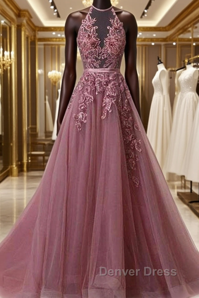 Halter Neck Backless Lace Prom Dress, Open Back Halter Neck Lace Prom Dresses Main image