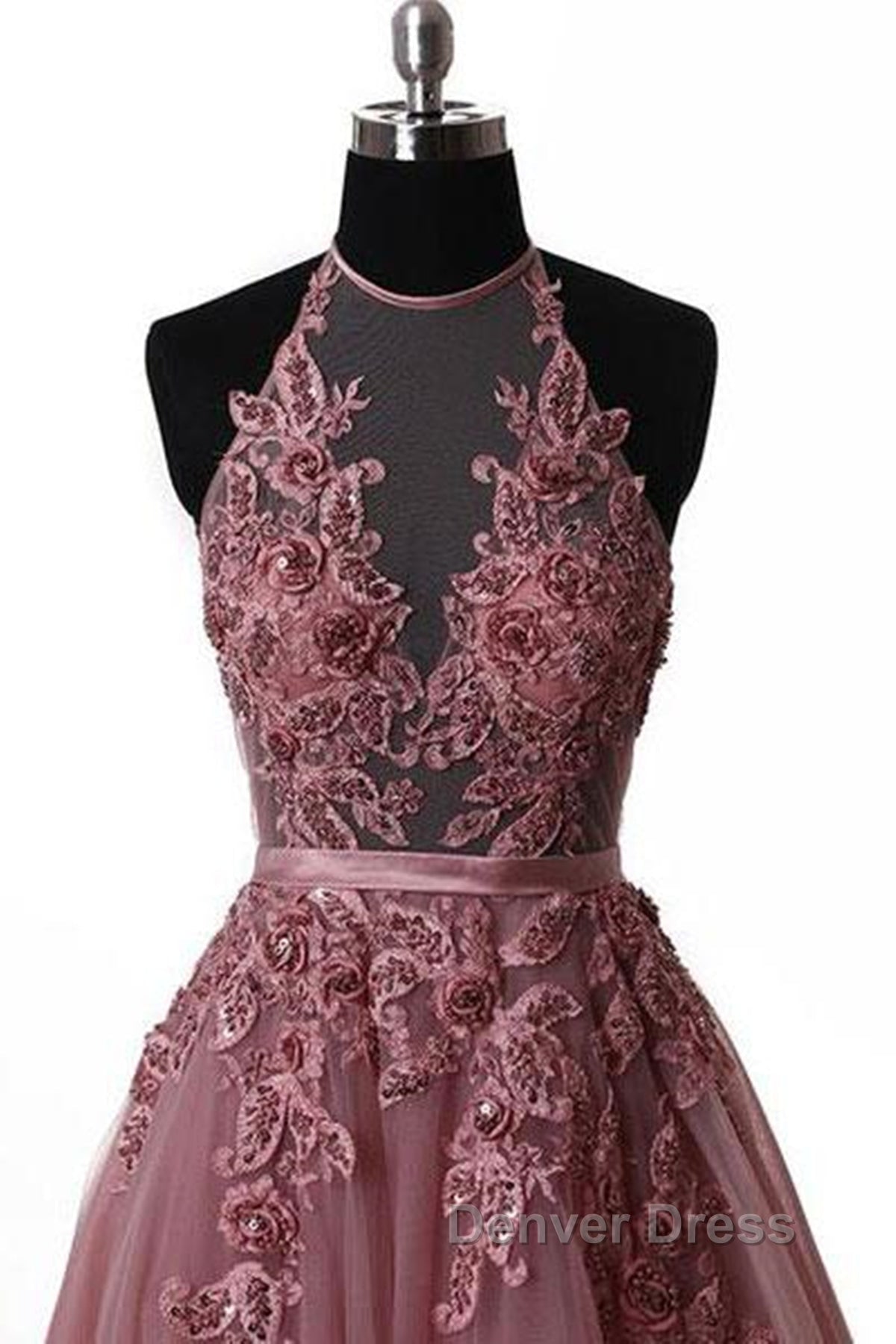 Halter Neck Backless Lace Prom Dress, Open Back Halter Neck Lace Prom Dresses