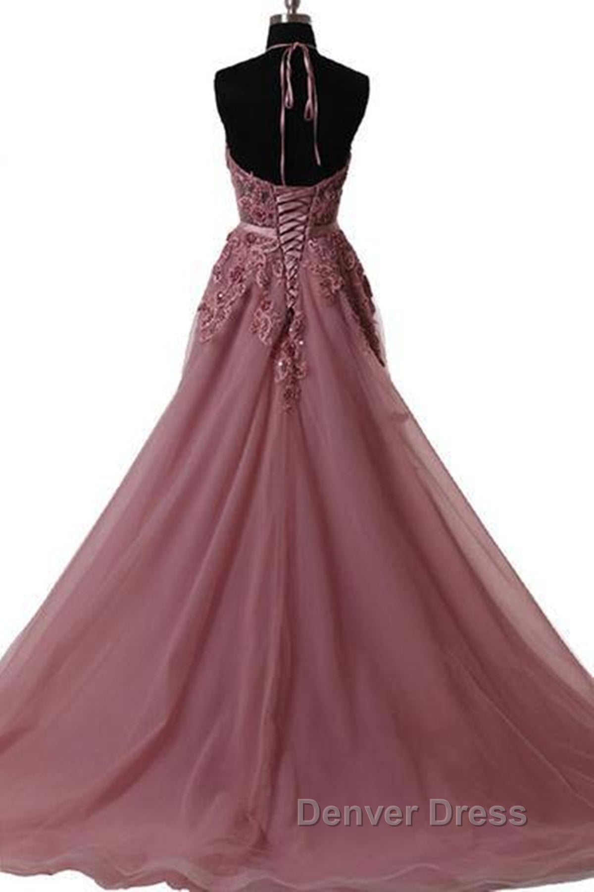 Halter Neck Backless Lace Prom Dress, Open Back Halter Neck Lace Prom Dresses