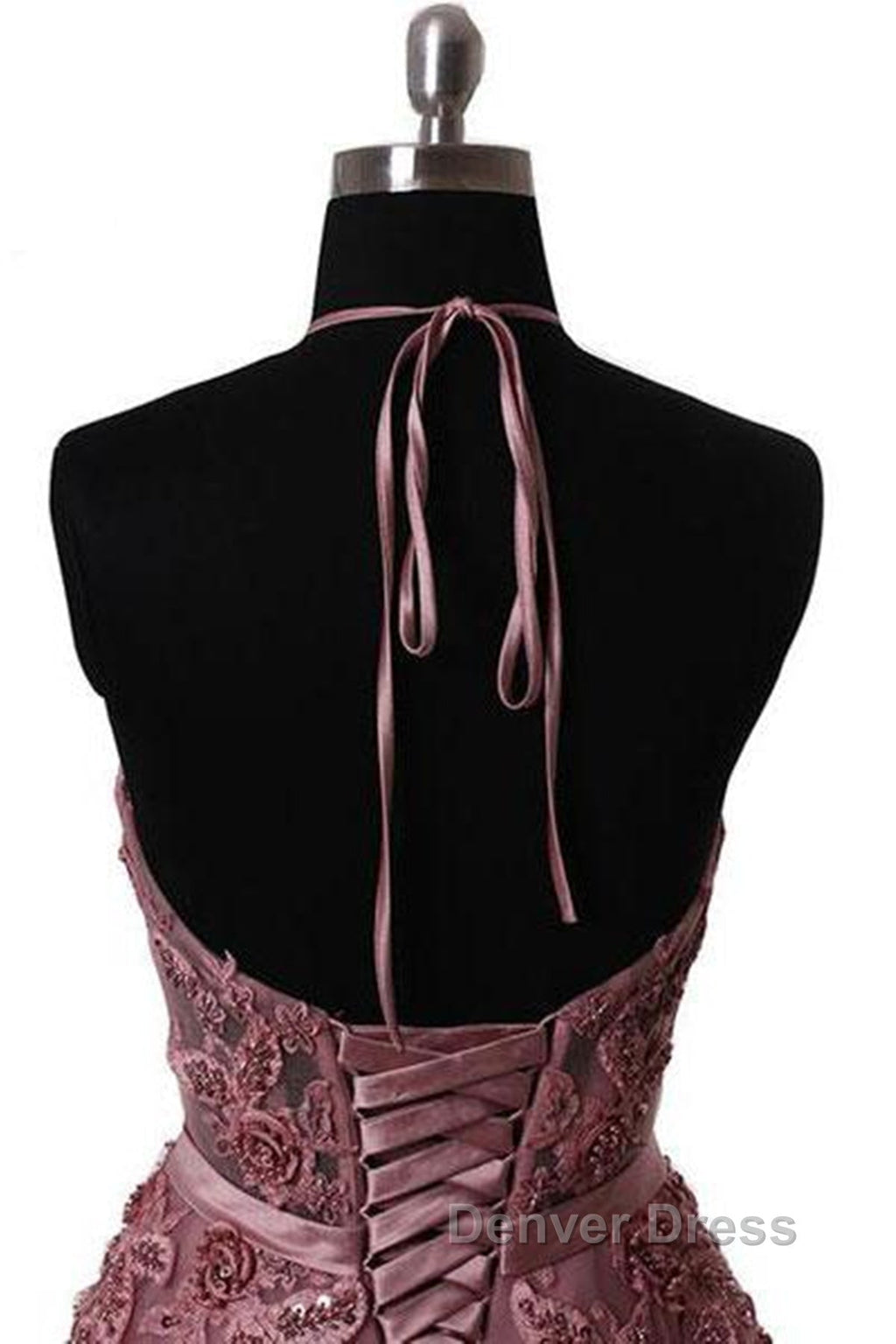 Halter Neck Backless Lace Prom Dress, Open Back Halter Neck Lace Prom Dresses