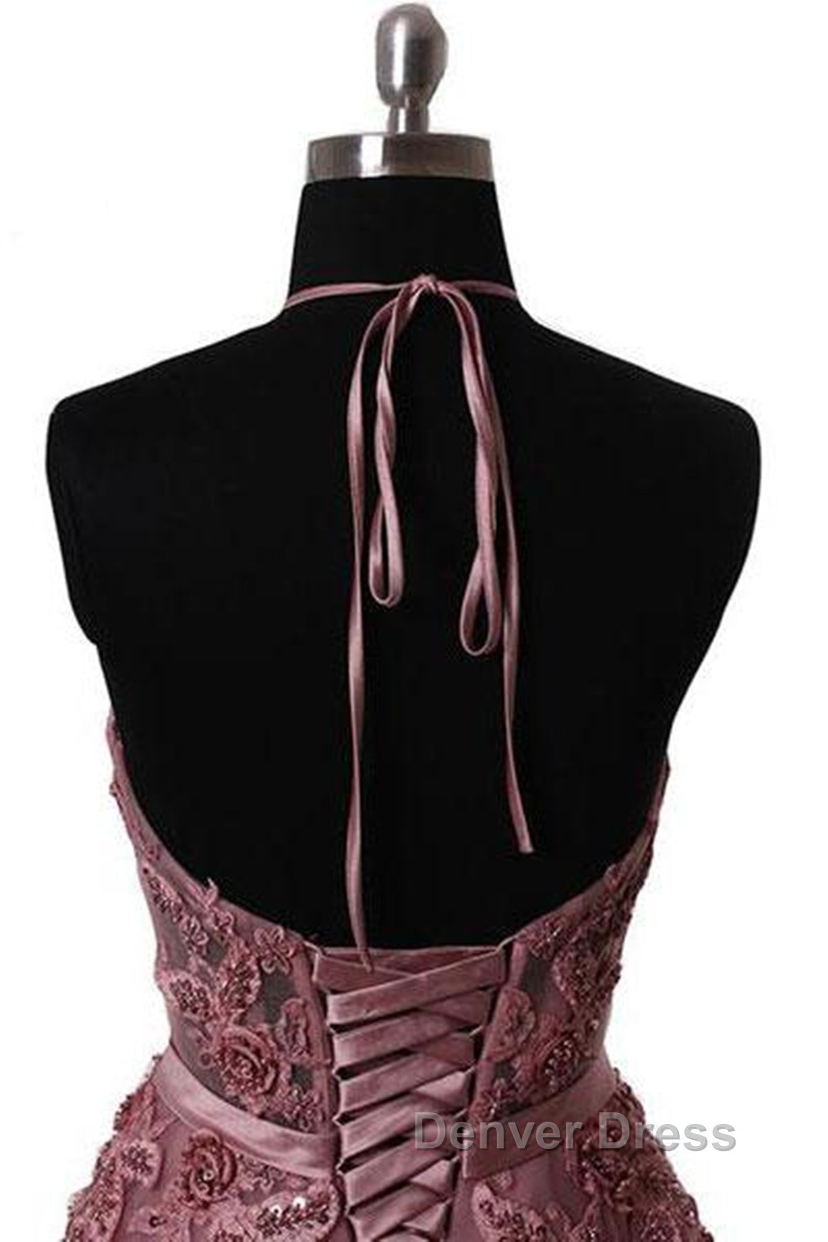 Halter Neck Backless Lace Prom Dress, Open Back Halter Neck Lace Prom Dresses