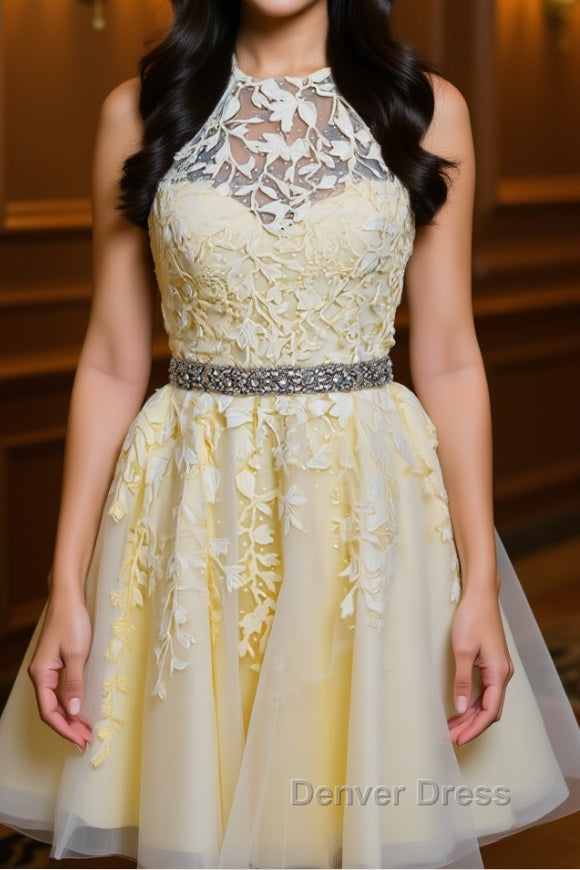 Halter Neck Backless Short Yellow Lace Prom Dresses, Yellow Lace Formal Graduation Homecoming Dresses Main image