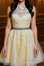 Halter Neck Backless Short Yellow Lace Prom Dress, Yellow Lace Prom Graduation Homecoming Dresses