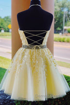 Halter Neck Backless Short Yellow Lace Prom Dress, Yellow Lace Prom Graduation Homecoming Dresses