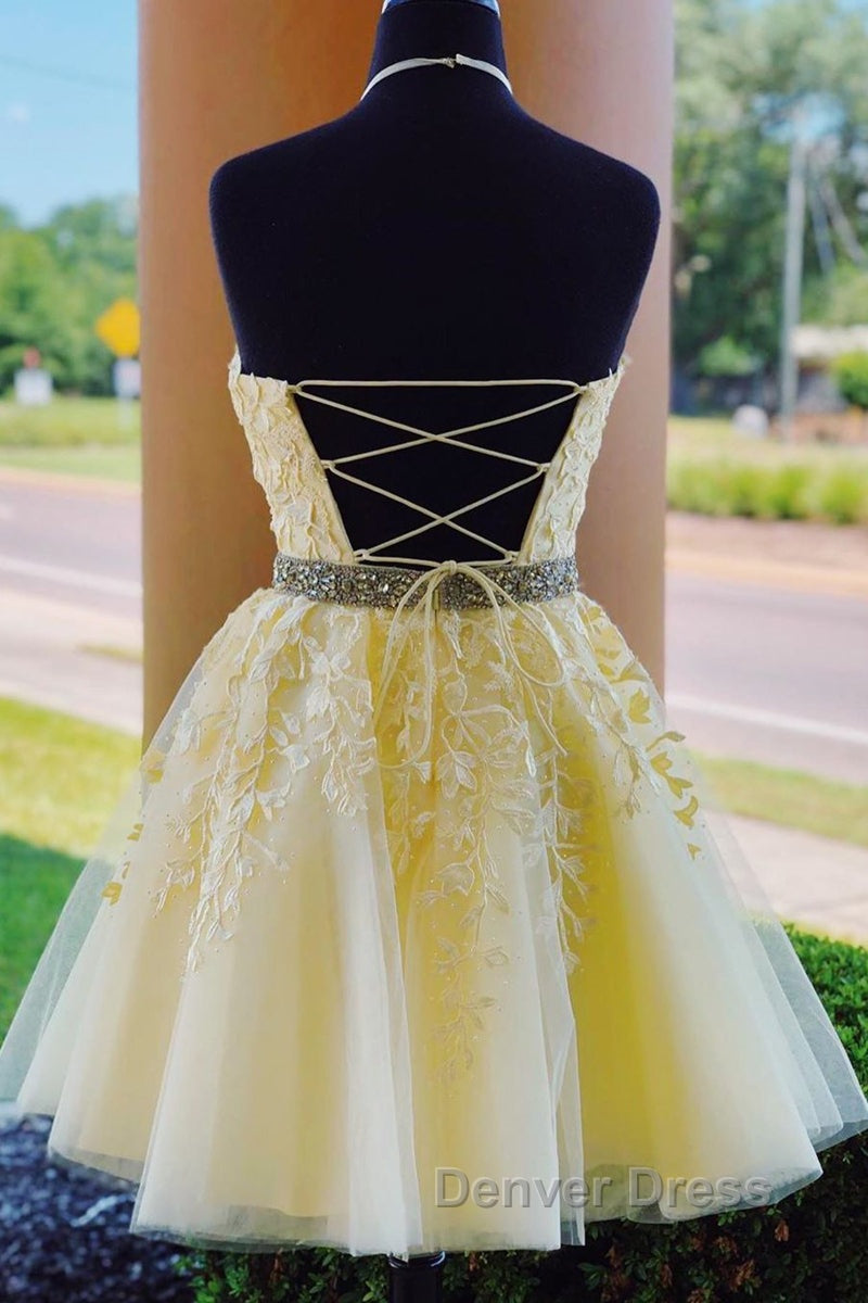 Halter Neck Backless Short Yellow Lace Prom Dress, Yellow Lace Prom Graduation Homecoming Dresses
