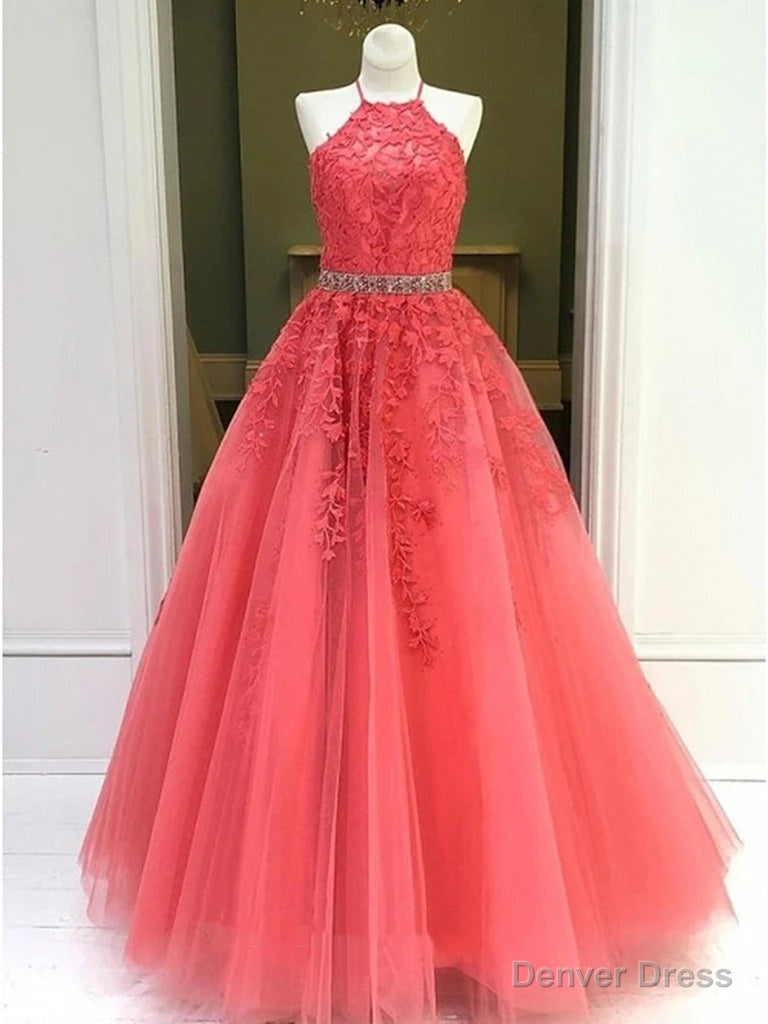 Halter Neck Coral Lace Tulle Long Prom Dresses, Halter Neck Coral Lace Formal Evening Dresses