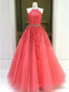 Halter Neck Coral Lace Tulle Long Prom Dresses, Halter Neck Coral Lace Formal Evening Dresses