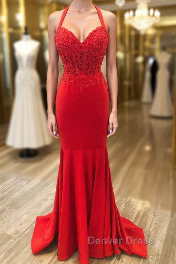 Halter Neck Mermaid Backless Red Lace Long Prom Dress, Mermaid Red Prom Dress, Red Lace Prom Dresses Main image