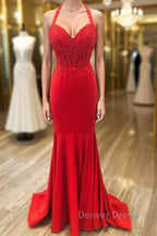 Halter Neck Mermaid Backless Red Lace Long Prom Dress, Mermaid Red Prom Dress, Red Lace Prom Dresses