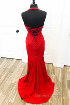Halter Neck Mermaid Backless Red Lace Long Prom Dress, Mermaid Red Prom Dress, Red Lace Prom Dresses