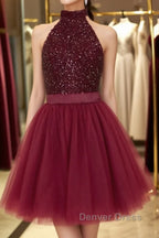 Halter Neck Open Back Beaded Burgundy Prom Dresses, Backless Burgundy Homecoming Dresses, Short Burgundy Formal Evening Dresses