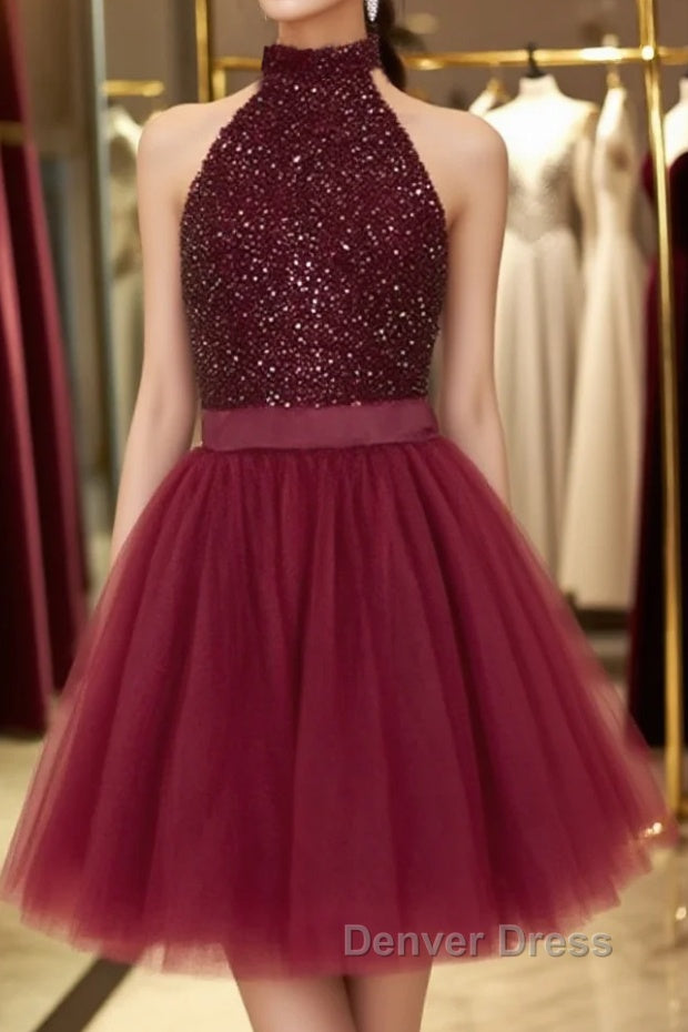Halter Neck Open Back Beaded Burgundy Prom Dresses, Backless Burgundy Homecoming Dresses, Short Burgundy Formal Evening Dresses