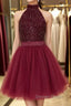 Halter Neck Open Back Beaded Burgundy Prom Dresses, Backless Burgundy Homecoming Dresses, Short Burgundy Formal Evening Dresses