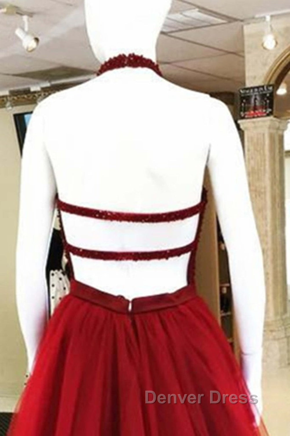 Halter Neck Open Back Beaded Burgundy Prom Dresses, Backless Burgundy Homecoming Dresses, Short Burgundy Formal Evening Dresses Secondary image