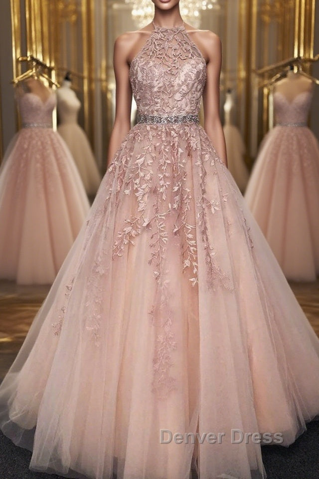 Halter Neck Pink Lace Long Prom Dresses with Belt, Pink Lace Formal Dresses, Pink Evening Dresses Main image
