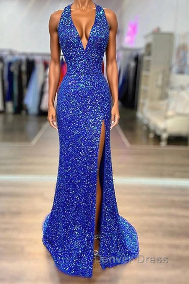 Halter Neck Royal Blue Long Prom Dress, Shiny Royal Blue Long Prom Dresses Main image
