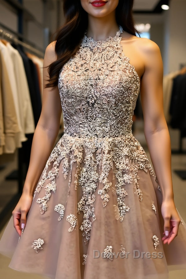 Halter Neck Short Champagne Lace Prom Dresses, Champagne Lace Formal Graduation Homecoming Dresses Main image
