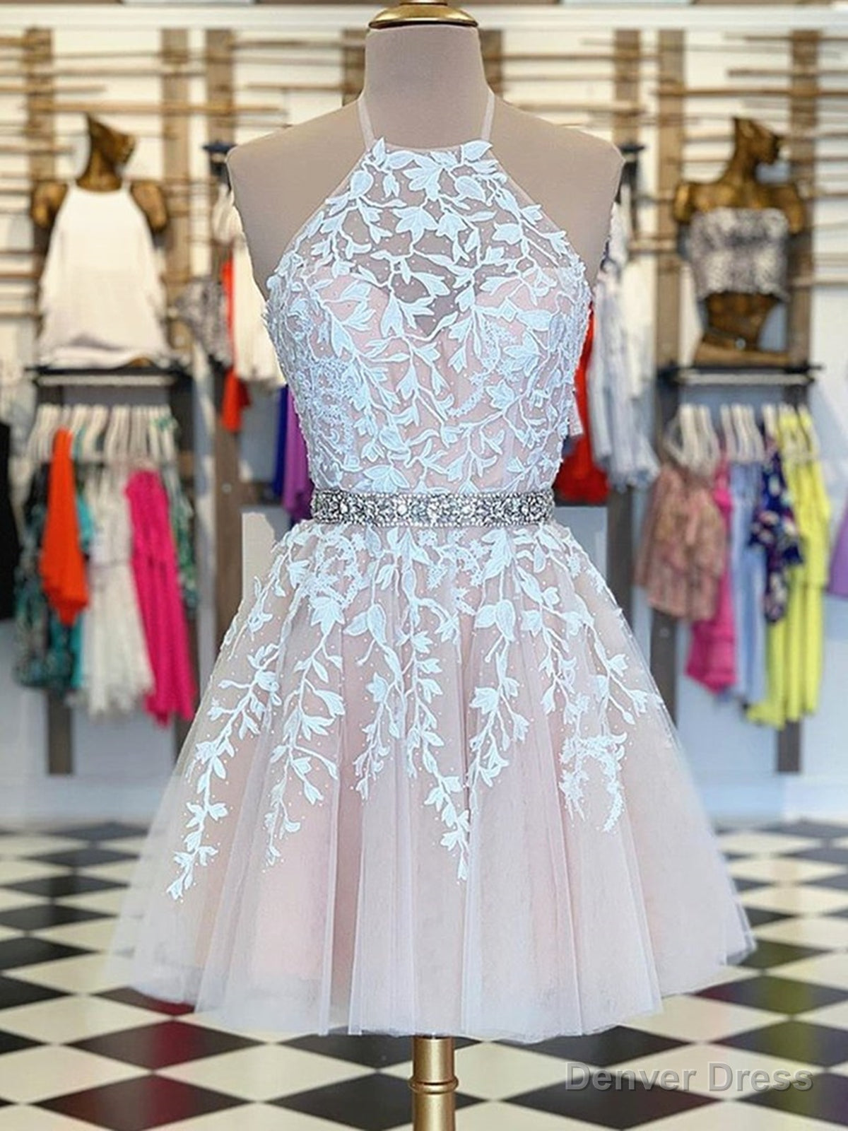 Halter Neck Short Champagne Lace Prom Dress, Halter Neck Short Champagne Lace Homecoming Dresses