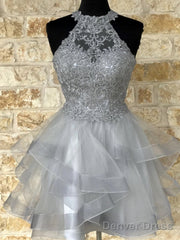 Halter Neck Short Gray Lace Prom Dresses, Short Gray Lace Formal Graduation Dresses