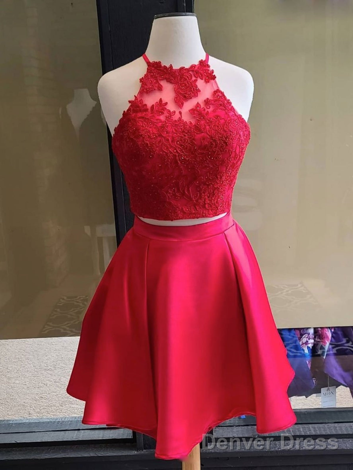 Halter Neck Short Red 2 Pieces Lace Prom Dresses, Two Pieces Short Red Lace Homecoming Graduation Dresses Main image