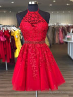 Halter Neck Short Red Lace Prom Dress, Short Red Lace Prom Homecoming Dresses