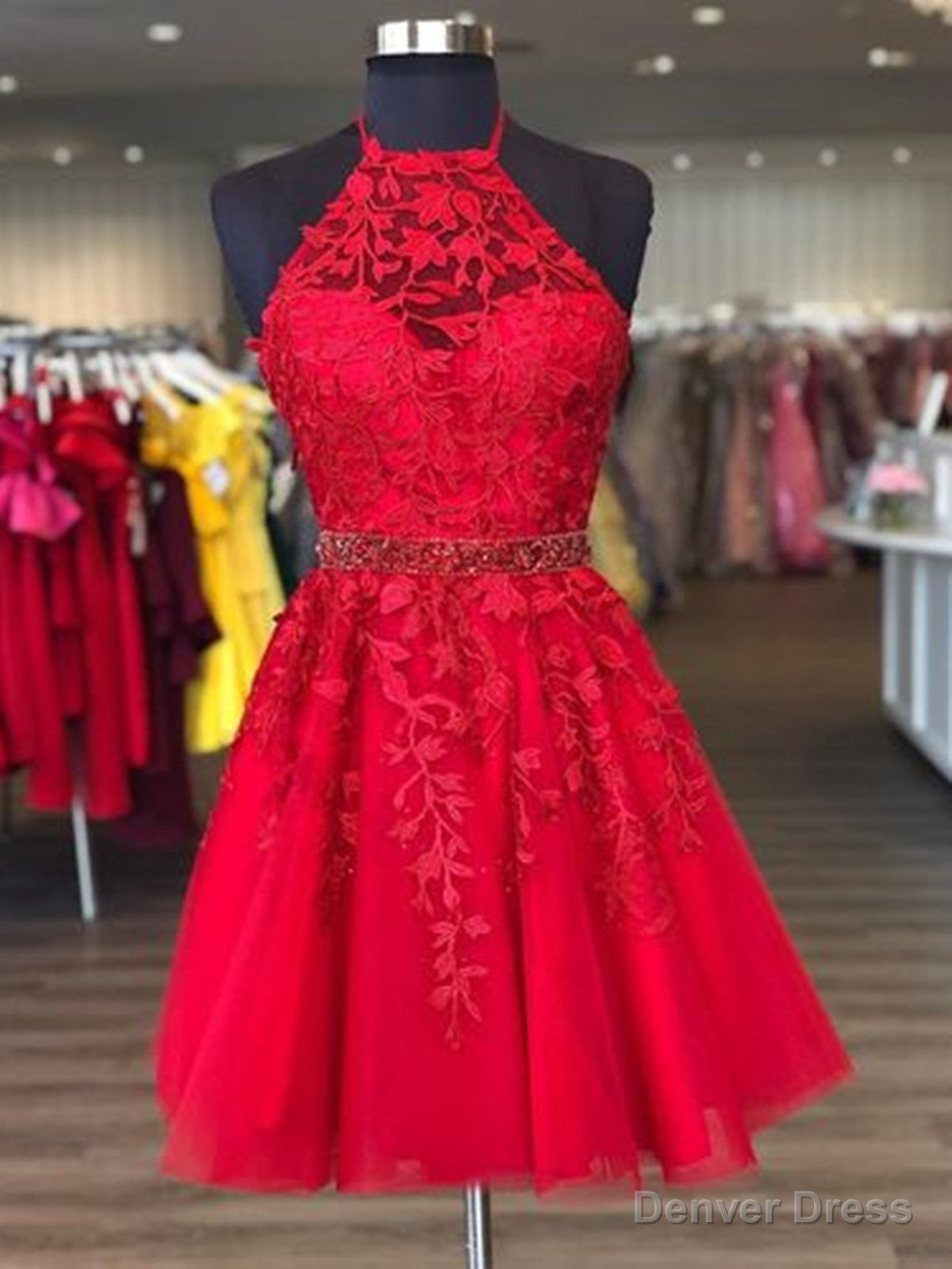 Halter Neck Short Red Lace Prom Dress, Short Red Lace Prom Homecoming Dresses