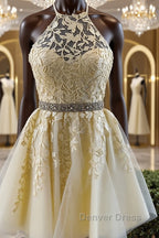 Halter Neck Short Yellow Lace Prom Dressses, Backless Short Yellow Lace Prom Homecoming Dresses