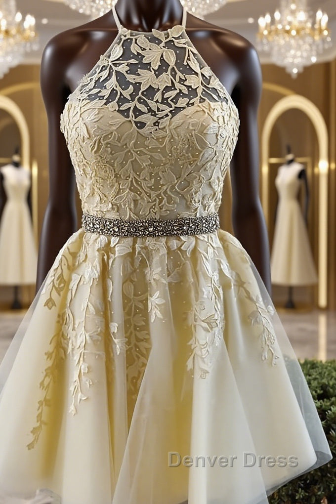 Halter Neck Short Yellow Lace Prom Dressses, Backless Short Yellow Lace Prom Homecoming Dresses