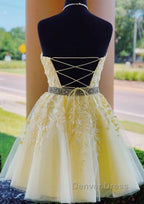 Halter Neck Short Yellow Lace Prom Dressses, Backless Short Yellow Lace Prom Homecoming Dresses