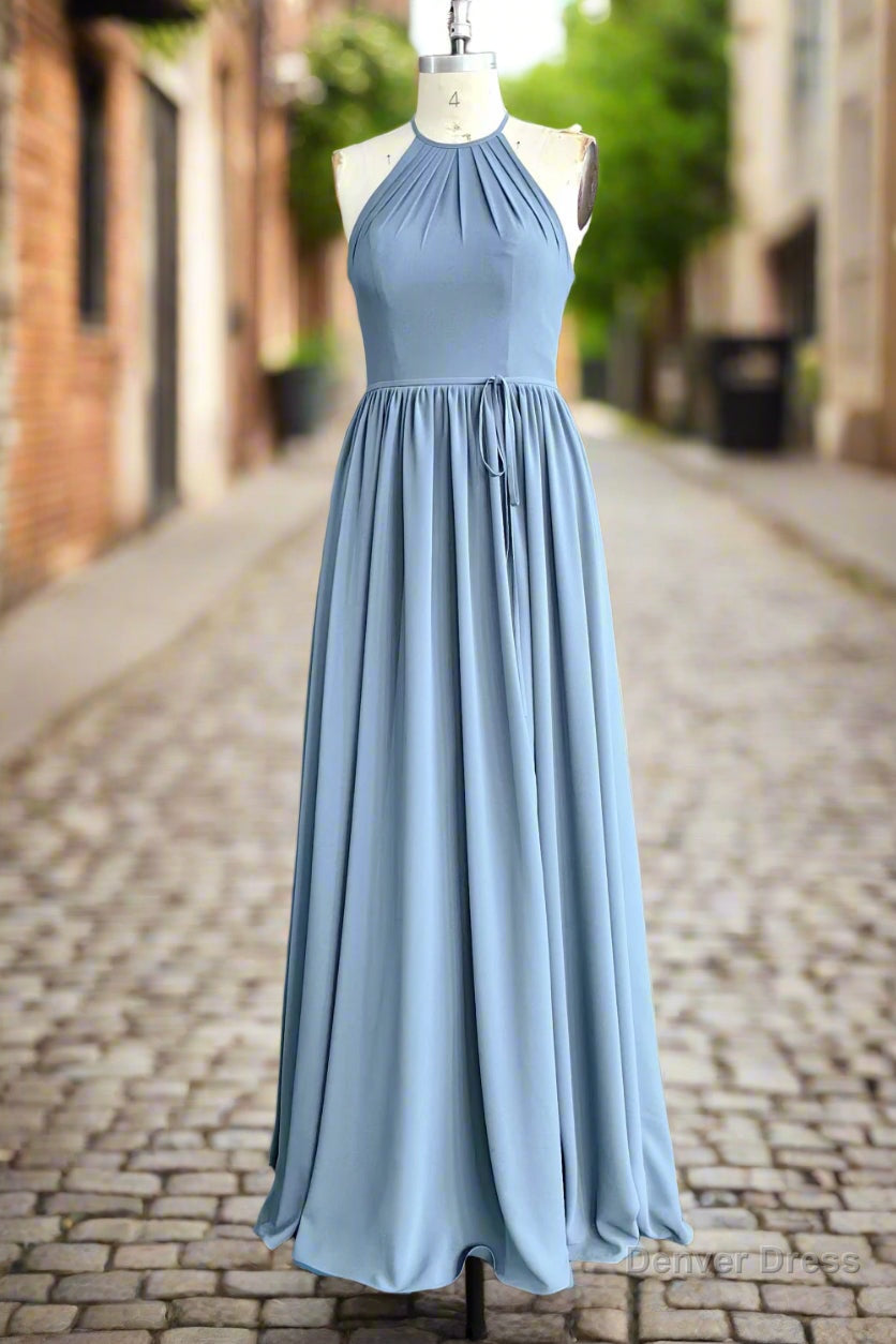 Halter Open Back High Neck Chiffon Long Dusty Blue Plus Size Bridesmaid Dresses Secondary image