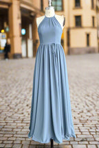 Halter Open Back High Neck Chiffon Long Dusty Blue Plus Size Bridesmaid Dresses