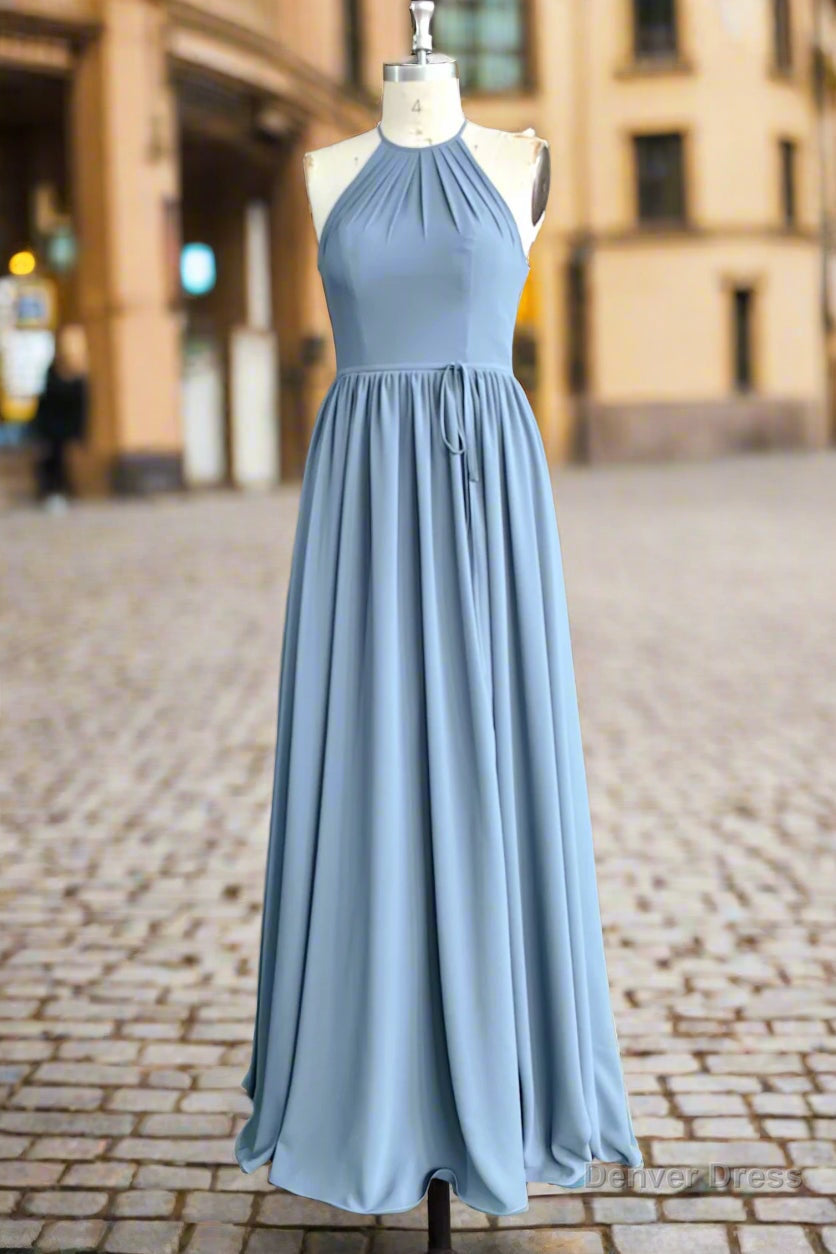 Halter Open Back High Neck Chiffon Long Dusty Blue Plus Size Bridesmaid Dresses