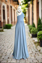 Halter Open Back High Neck Chiffon Long Dusty Blue Plus Size Bridesmaid Dresses