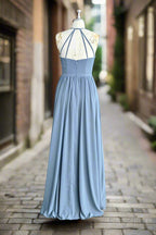 Halter Open Back High Neck Chiffon Long Dusty Blue Plus Size Bridesmaid Dresses