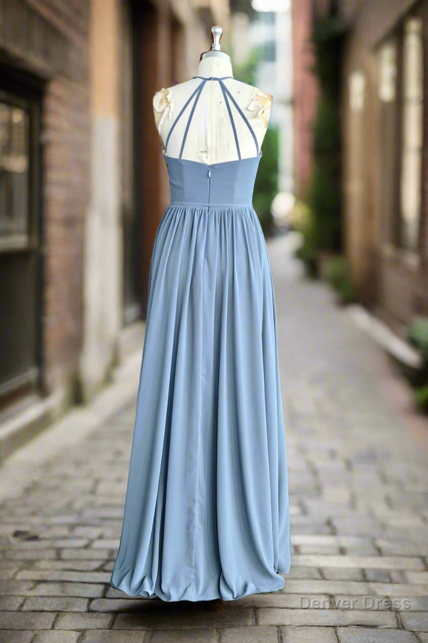 Halter Open Back High Neck Chiffon Long Dusty Blue Plus Size Bridesmaid Dresses