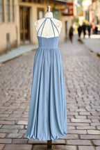 Halter Open Back High Neck Chiffon Long Dusty Blue Plus Size Bridesmaid Dresses