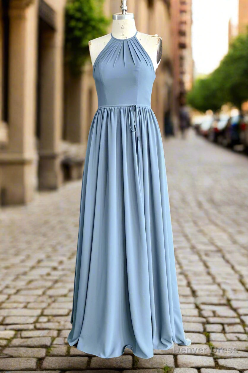 Halter Open Back High Neck Chiffon Long Dusty Blue Plus Size Bridesmaid Dresses Main image