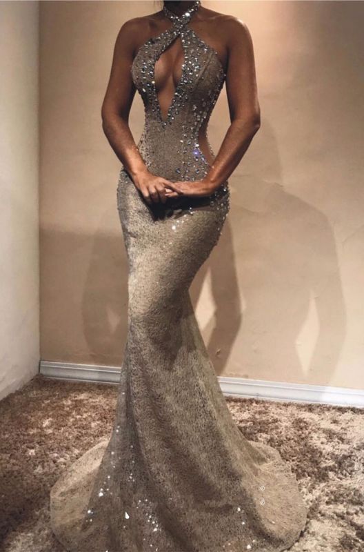Halter Open Back Long Prom Dresses Cheap Shiny Beads Crystals Illusion Mermaid Prom Gown Main image