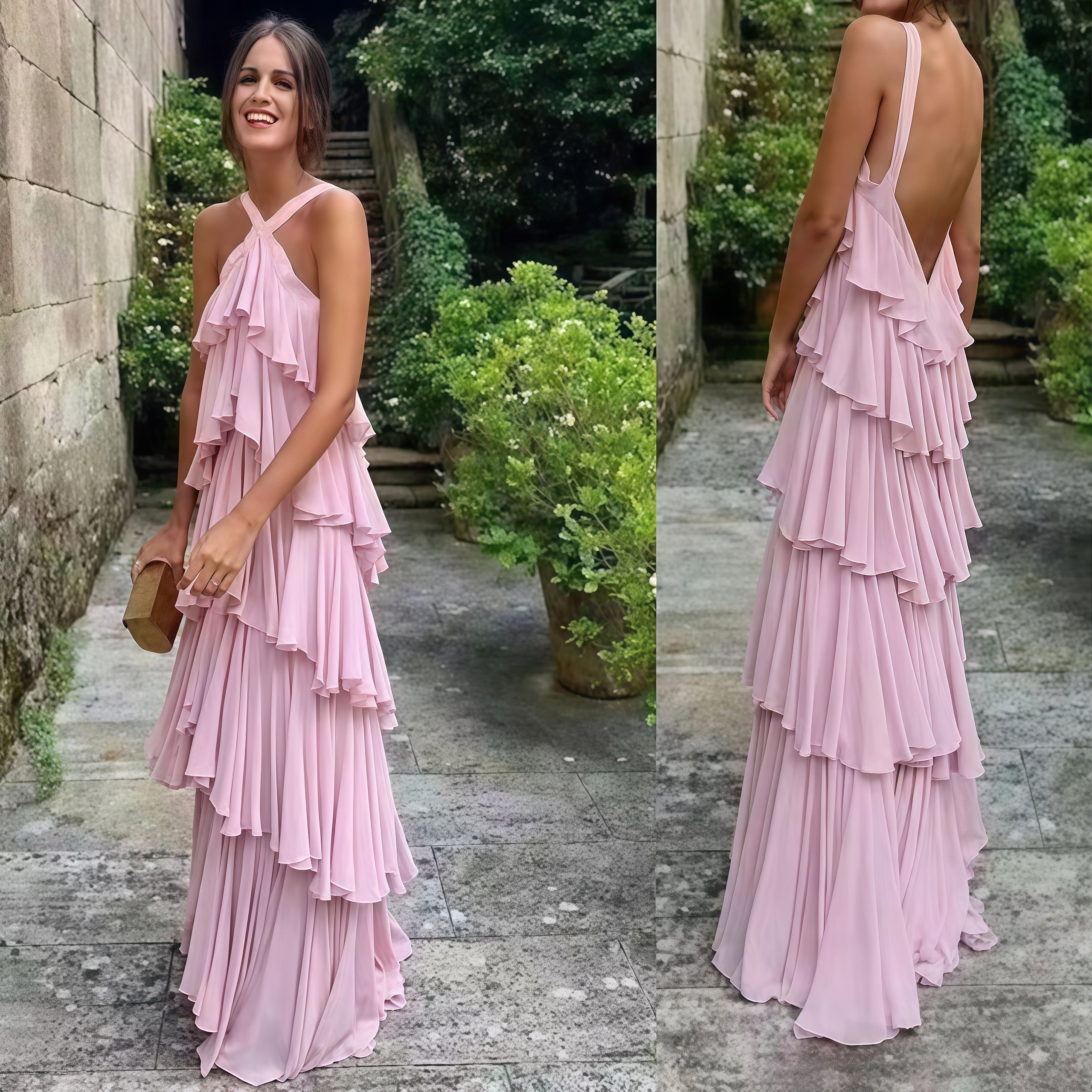 Halter Pink Chiffon Long Prom Dress Layers Chiffon Custom Made Prom Dresses