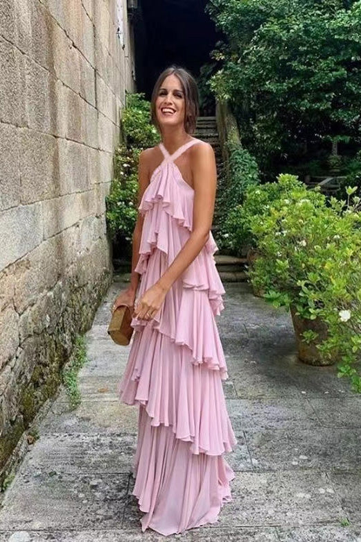 Halter Pink Chiffon Long Prom Dress Layers Chiffon Custom Made Prom Dresses