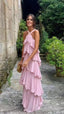 Halter Pink Chiffon Long Prom Dress Layers Chiffon Custom Made Prom Dresses