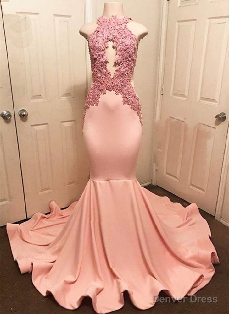 Halter Pink Lace Prom Gown Mermaid Prom Dresses Secondary image