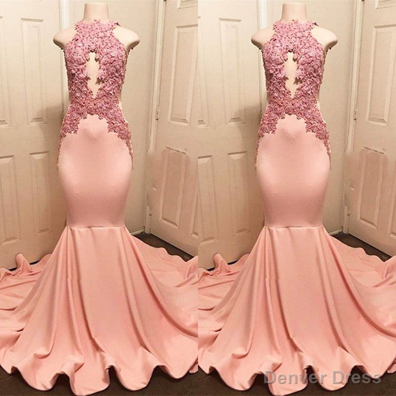 Halter Pink Lace Prom Party Gowns| Mermaid Formal Dresses